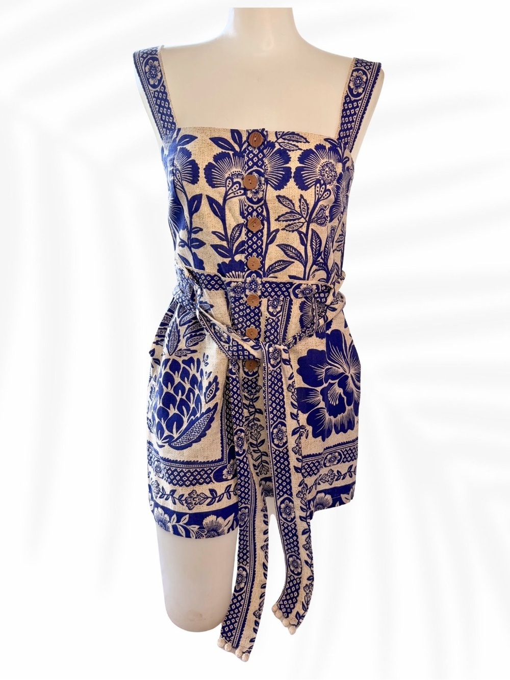 FARM Rio Blue and Cream Floral Print Belted Square-Neck Romper